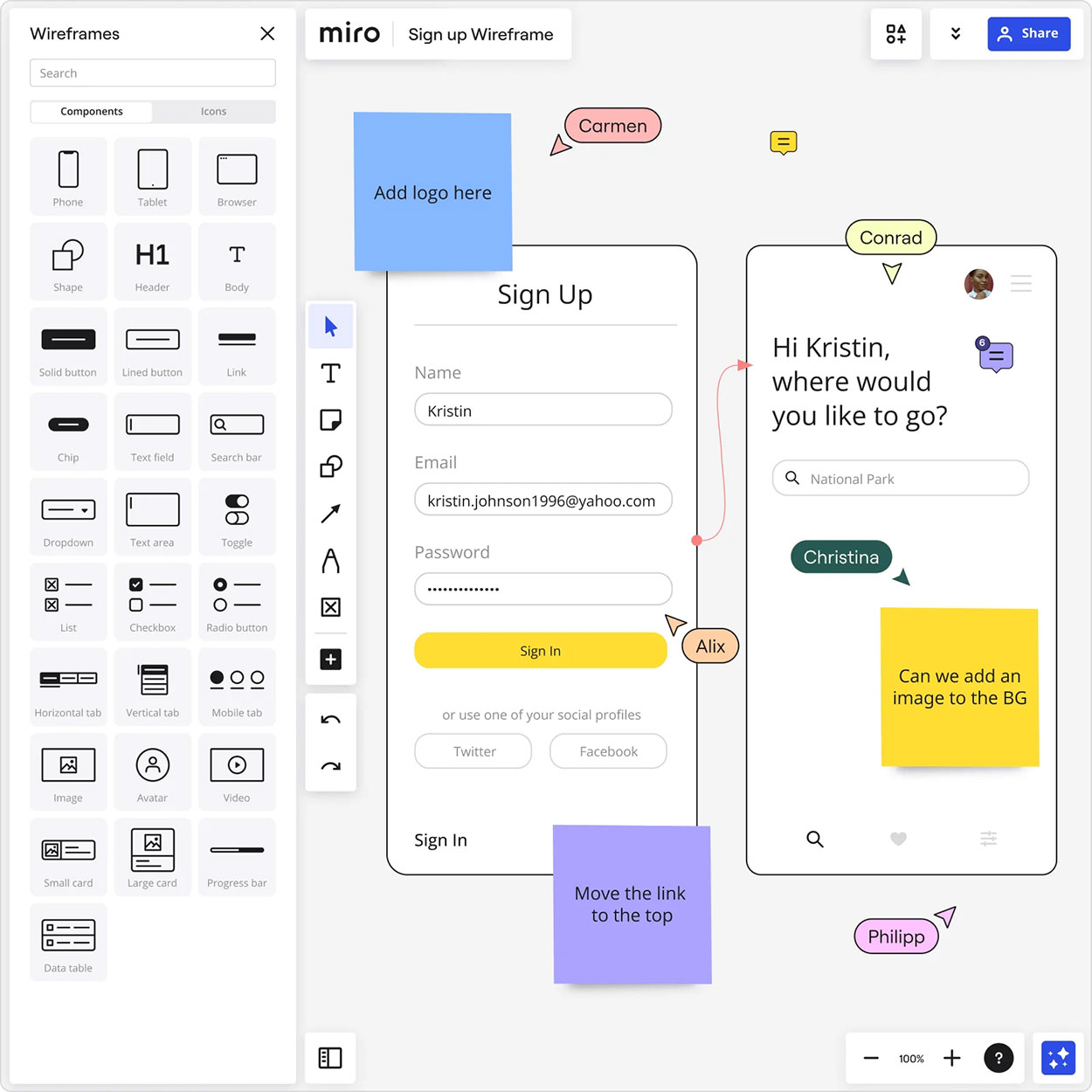 Miro whiteboard with a mobile wireframe and collaborative comments from teammates.