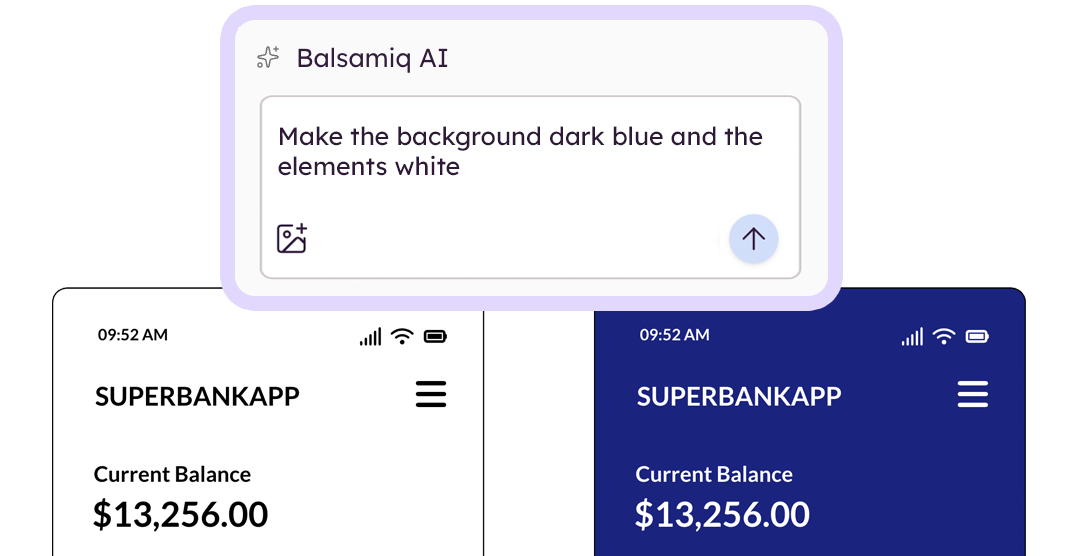 Balsamiq AI chat prompt editing a wireframe's color scheme, with before and after versions side by side.