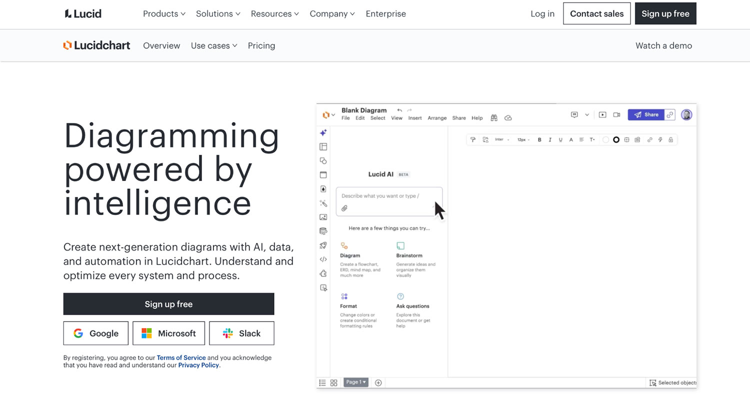 Lucidchart homepage with AI diagram generator panel