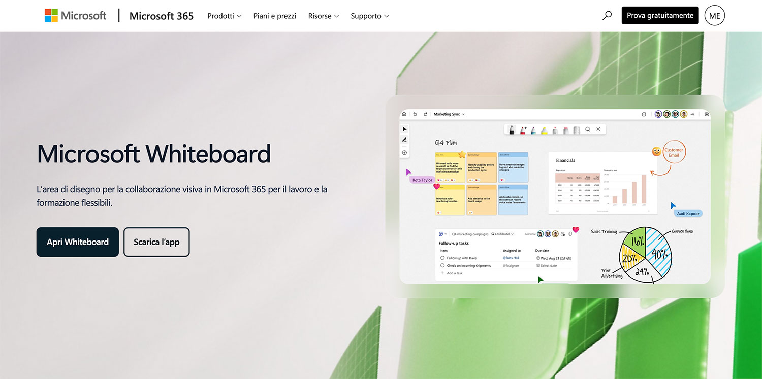 Microsoft Whiteboard homepage with tagline and man working at dual-screen setup.