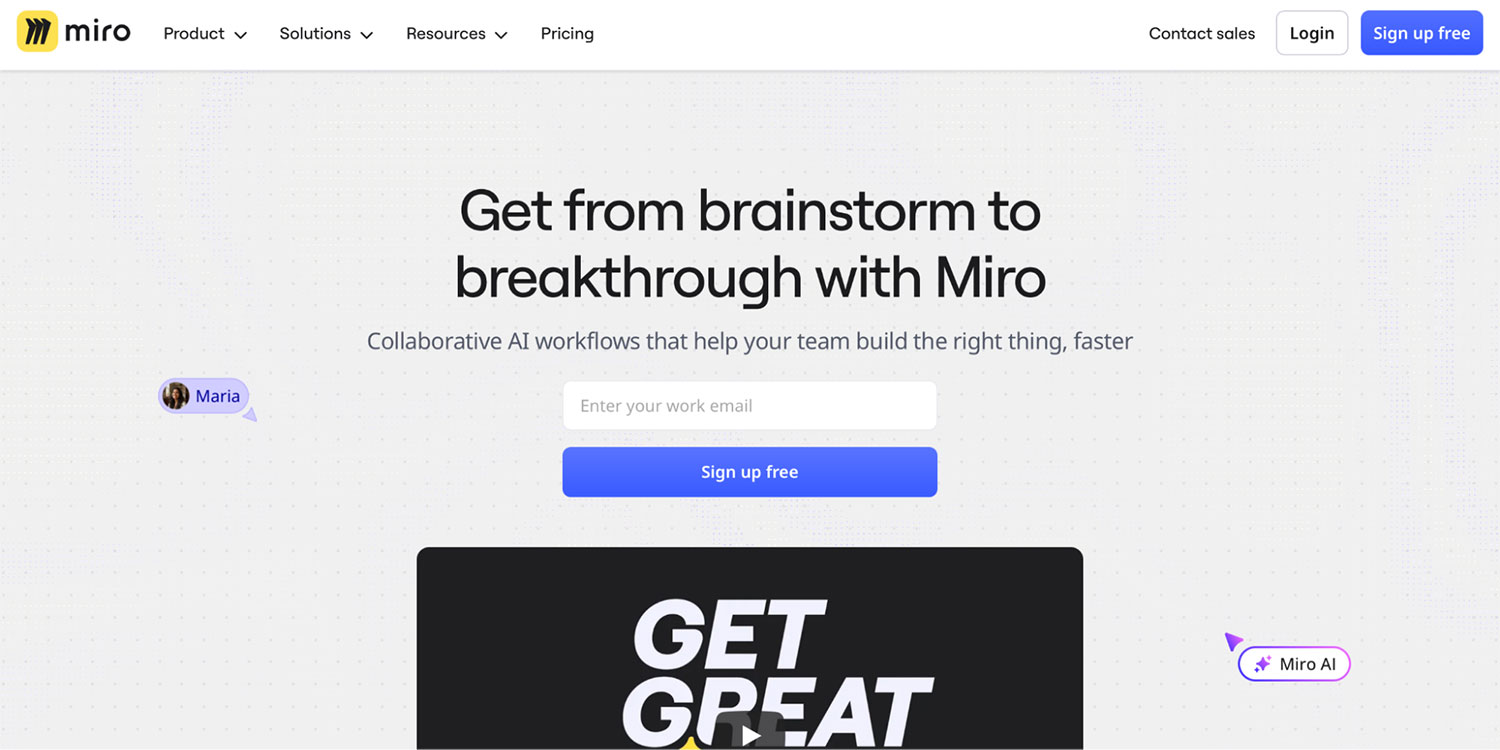 Screenshot of Miro homepage with “Innovation, redefined” tagline and a busy calendar showing meetings and team events.