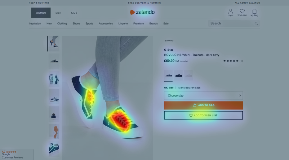 Screenshot of a product page showing a heatmap of where users are focusing their attention.