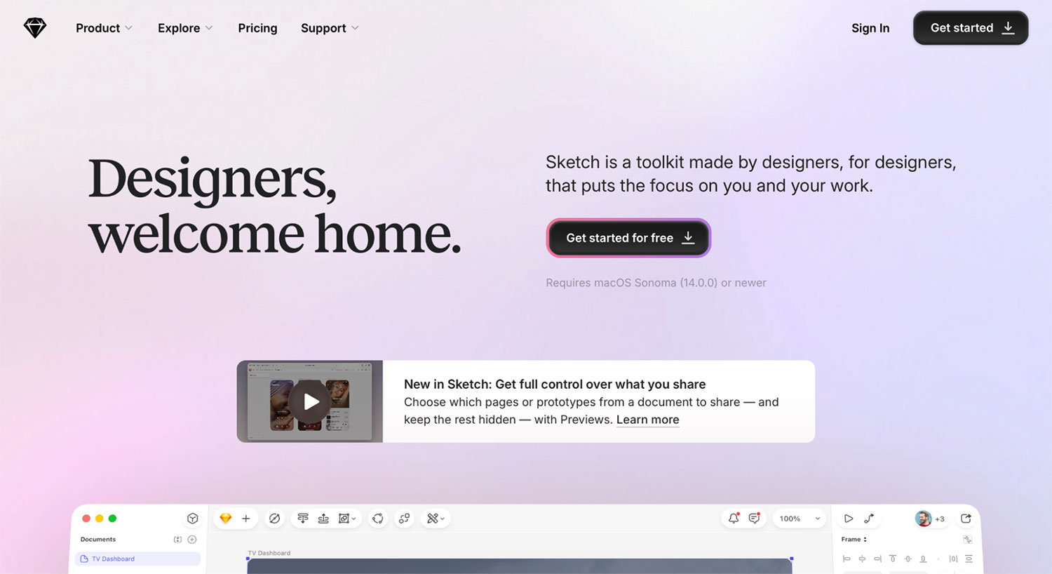 Screenshot of Sketch homepage with tagline “Designers, welcome home” and a Mac-based UI editor shown below.