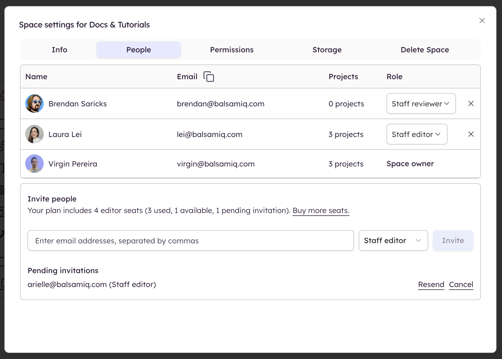 Screenshot of Space Settings showing members, email addresses, project counts, roles, and invite option.