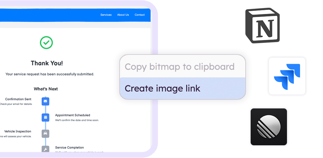A wireframe export menu showing 'Create image link,' with Notion, Jira, and Linear logos indicating sharing destinations.