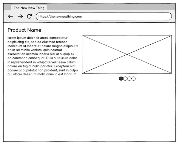 Wireframe with product name, image placeholder, and centered carousel dots.