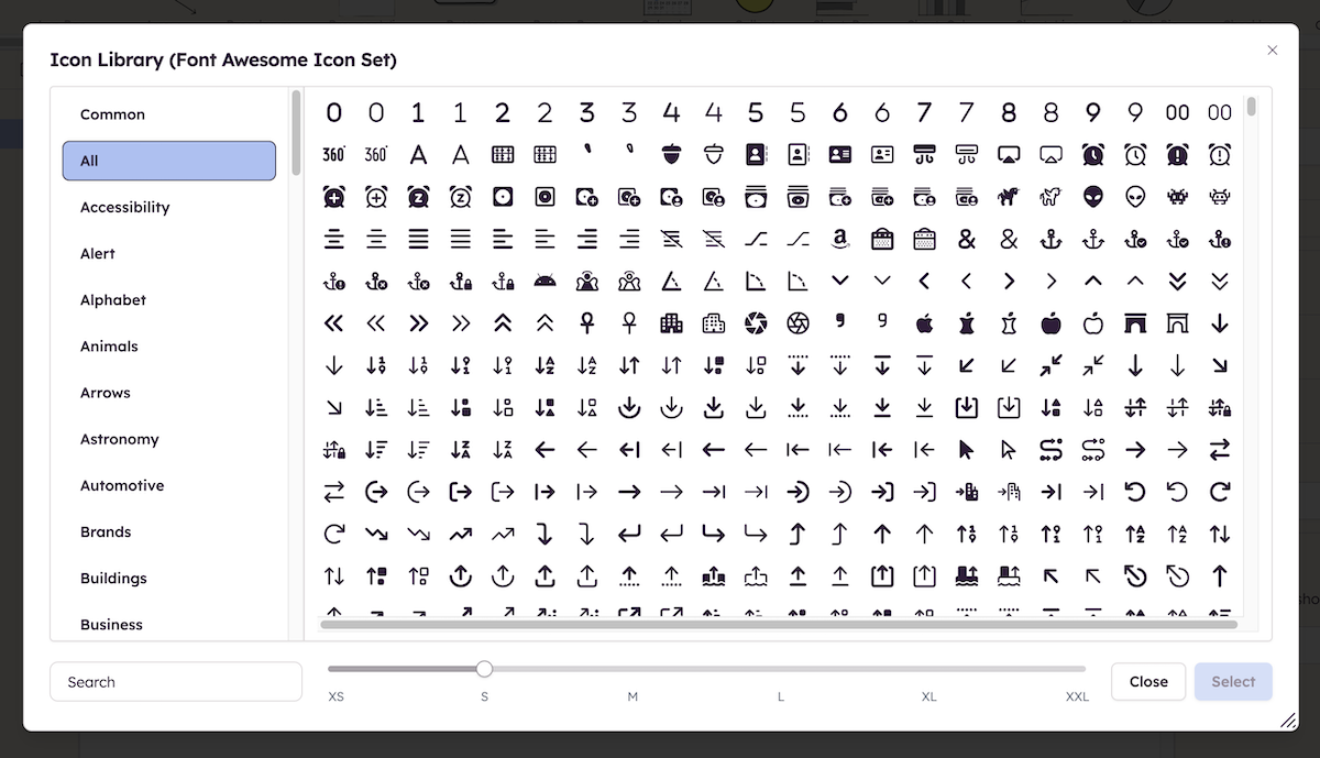 Balsamiq icon library showing searchable categories and icons with size options.