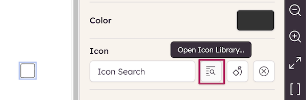 Icon property inspector showing search field and Open Icon Library button.