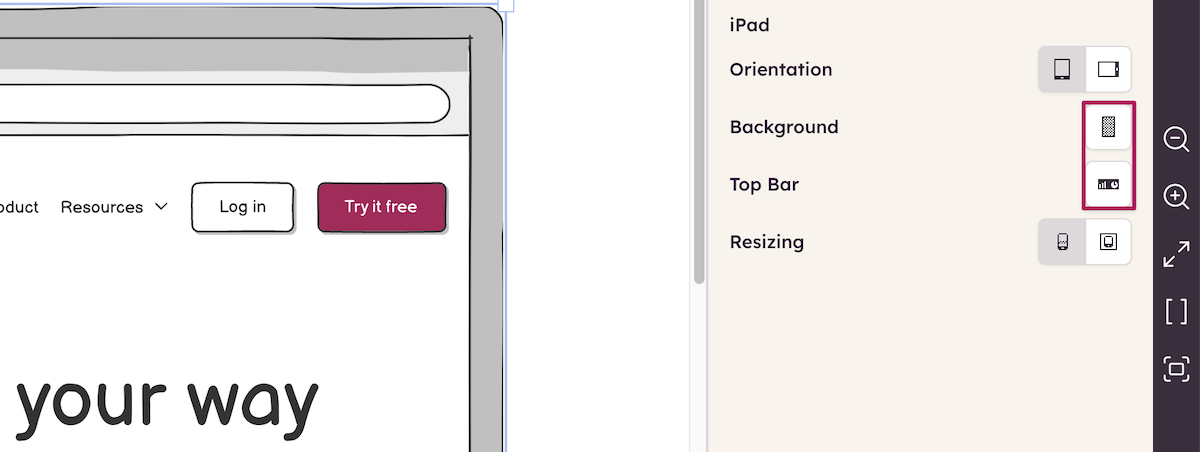 Property Inspector showing iPad element settings with Top Bar turned off.