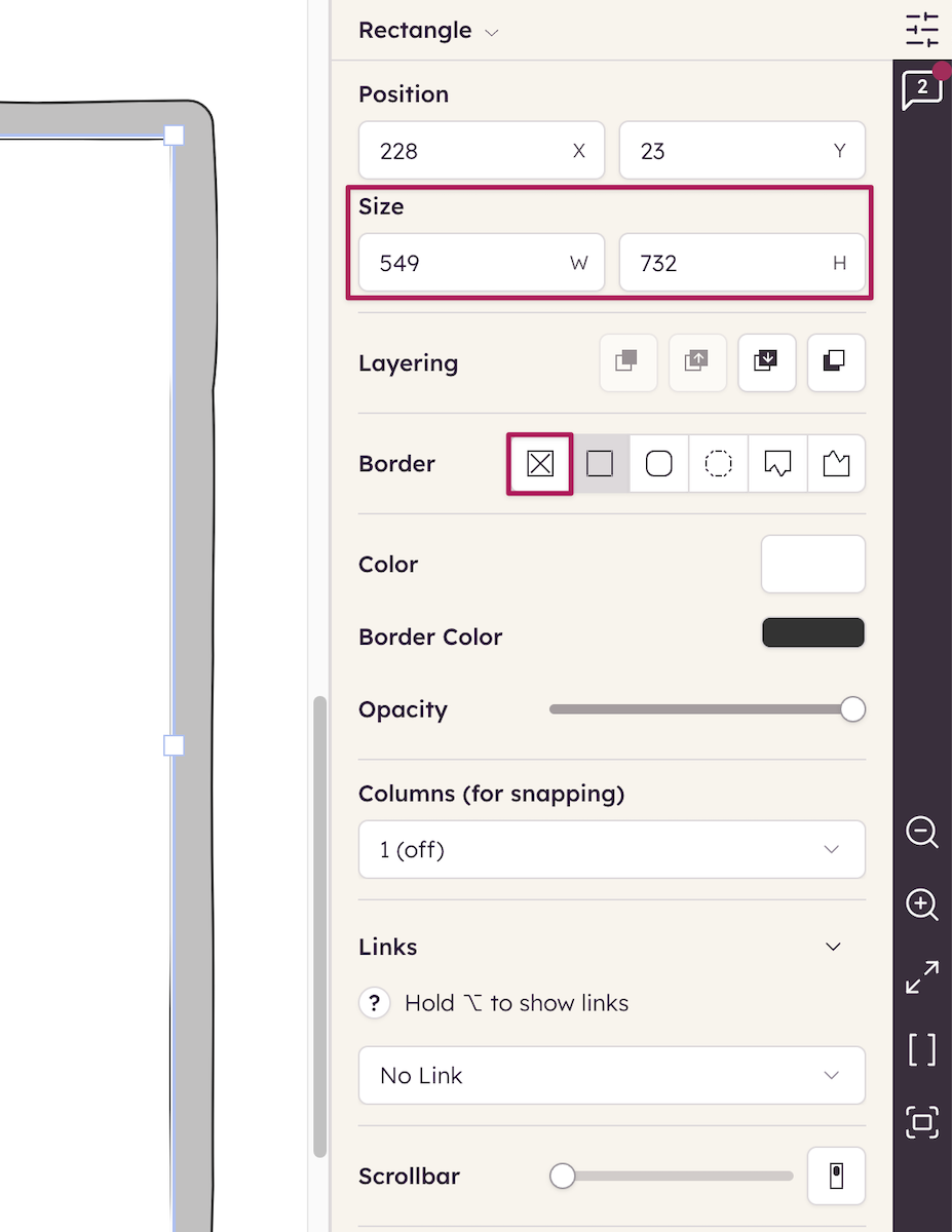 Property Inspector showing rectangle element size set to 549x732 and no border.