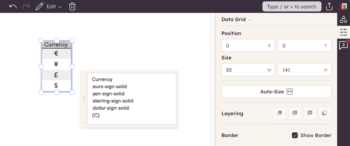 Data grid showing currency symbols with text codes for Euro, Yen, Sterling, and Dollar in a side panel.